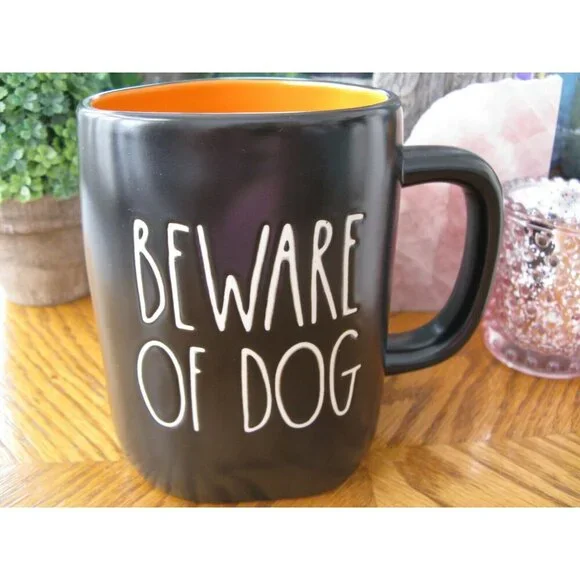 New Rae Dunn BEWARE OF DOG Black & Orange Ceramic Coffee Tea Mug Cup - Picture 4 of 9